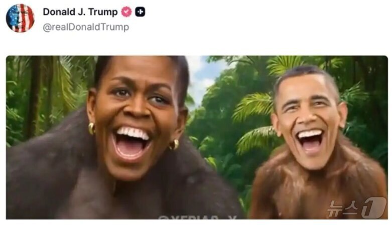본문 이미지 - 도널드 트럼프 미국 대통령이 자신의 SNS 트루스소셜에 게시한 선거 음모론 영상에 나오는 버락 오바마 전 대통령 부부(트럼프 트루스소셜 갈무리) ⓒ 뉴스1 류정민 특파원