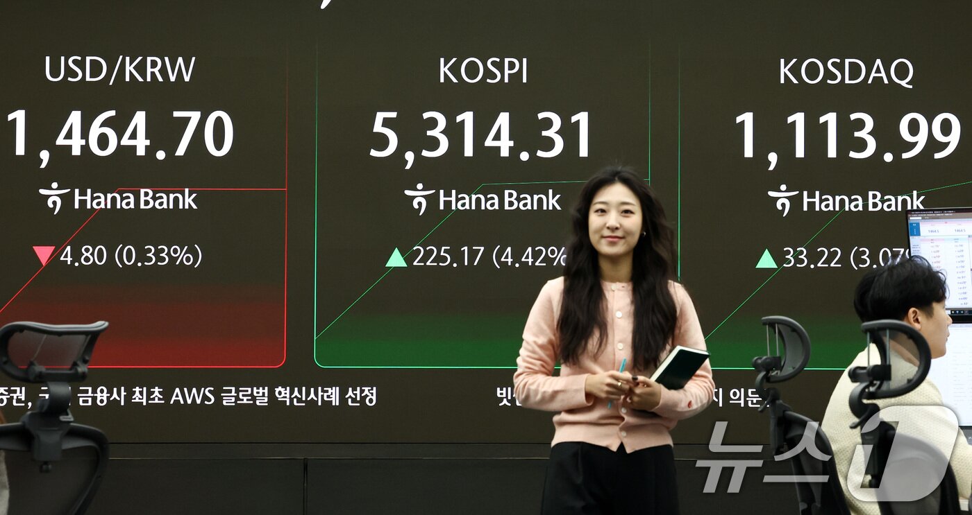 본문 이미지 - 코스피가 상승 출발한 9일 서울 중구 하나은행 본점 딜링룸 전광판에 증시 시황이 표시되어 있다. 2026.2.9 ⓒ 뉴스1 최지환 기자