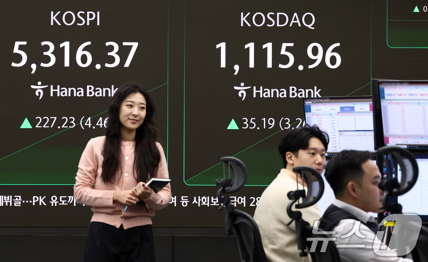(서울=뉴스1) 최지환 기자 = 코스피가 상승 출발한 9일 서울 중구 하나은행 본점 딜링룸 전광판에 증시 시황이 표시되어 있다. 2026.2.9/뉴스1