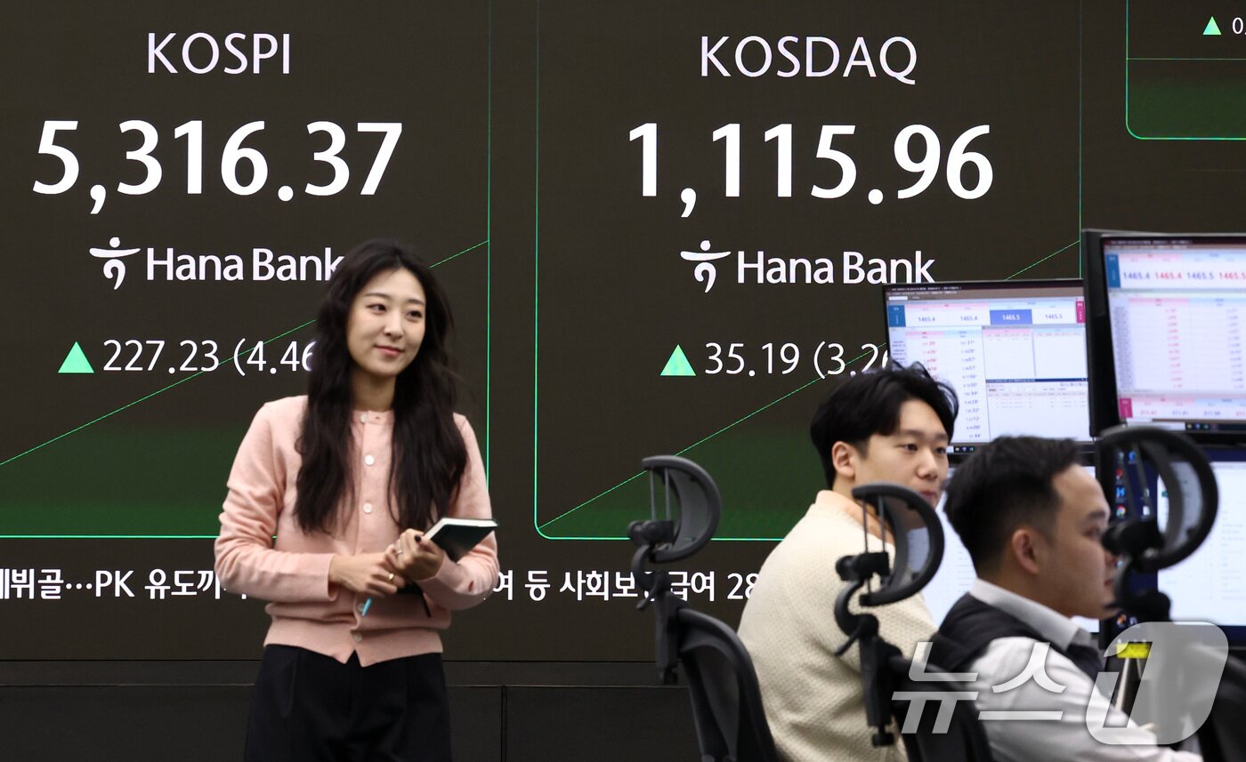본문 이미지 - 코스피가 상승 출발한 9일 서울 중구 하나은행 본점 딜링룸 전광판에 증시 시황이 표시되어 있다. 2026.2.9 ⓒ 뉴스1 최지환 기자