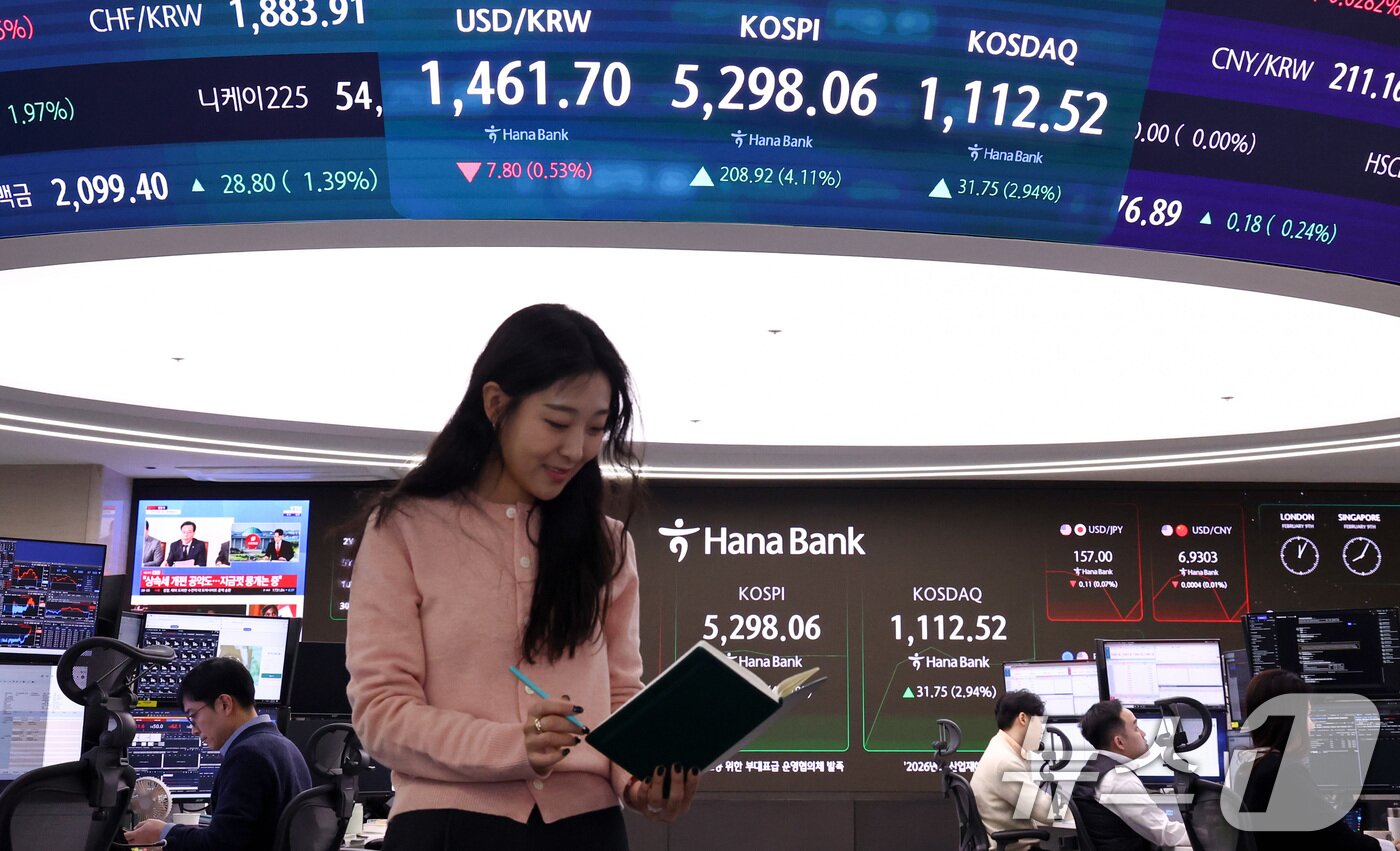 본문 이미지 - 코스피가 상승 출발한 9일 서울 중구 하나은행 본점 딜링룸 전광판에 증시 시황이 표시되어 있다. 2026.2.9 ⓒ 뉴스1 최지환 기자