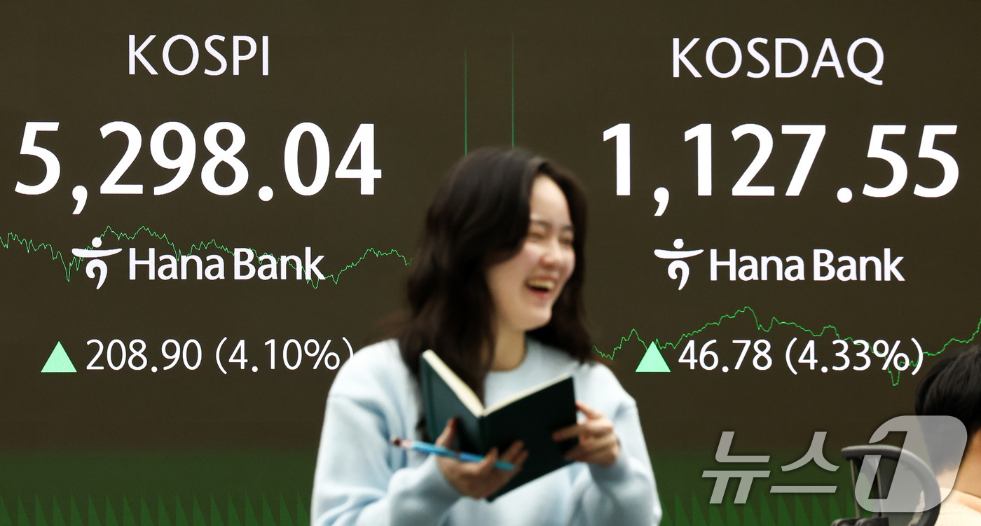 (서울=뉴스1) 최지환 기자 = 9일 서울 중구 하나은행 본점 딜링룸 전광판에 코스피 종가가 표시되어 있다. 이날 코스피는 전 거래일 대비 208.90포인트(4.10%) 오른 52 …