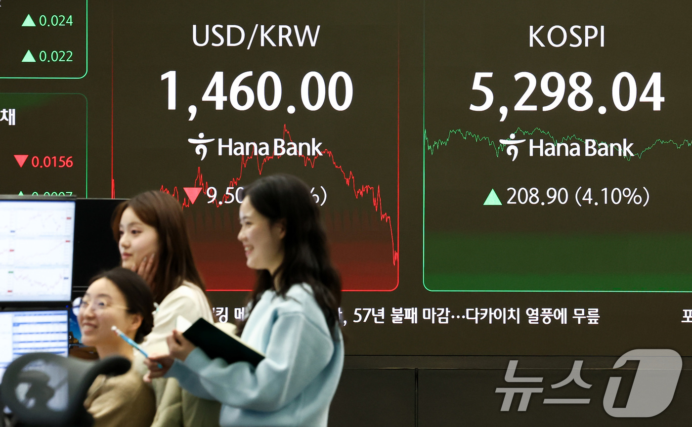 (서울=뉴스1) 최지환 기자 = 9일 서울 중구 하나은행 본점 딜링룸 전광판에 코스피 종가가 표시되어 있다. 이날 코스피는 전 거래일 대비 208.90포인트(4.10%) 오른 52 …