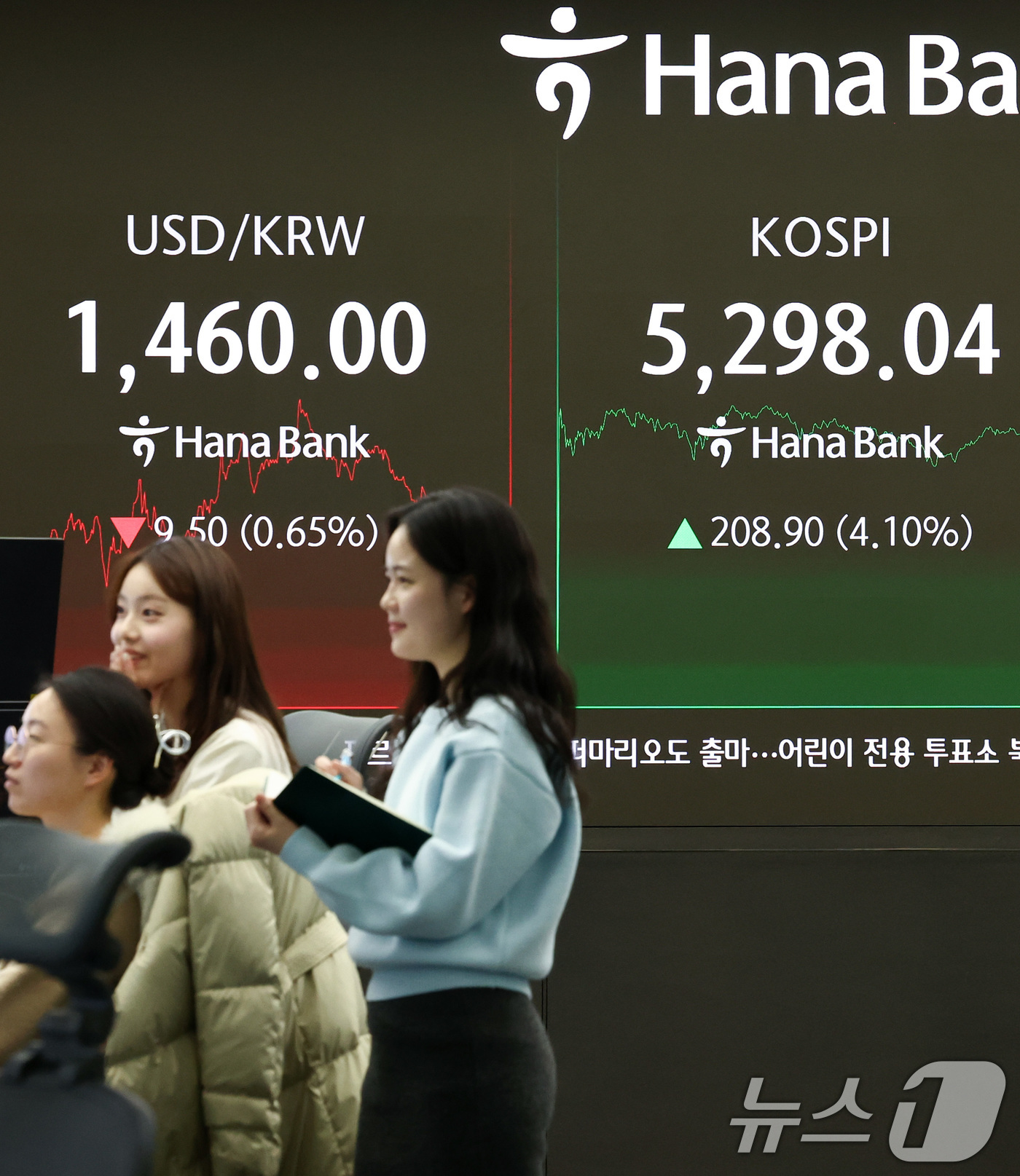 (서울=뉴스1) 최지환 기자 = 9일 서울 중구 하나은행 본점 딜링룸 전광판에 코스피 종가가 표시되어 있다. 이날 코스피는 전 거래일 대비 208.90포인트(4.10%) 오른 52 …