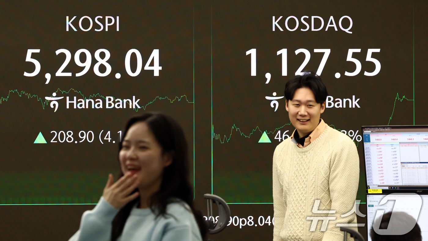 (서울=뉴스1) 최지환 기자 = 9일 서울 중구 하나은행 본점 딜링룸 전광판에 코스피 종가가 표시되어 있다. 이날 코스피는 전 거래일 대비 208.90포인트(4.10%) 오른 52 …