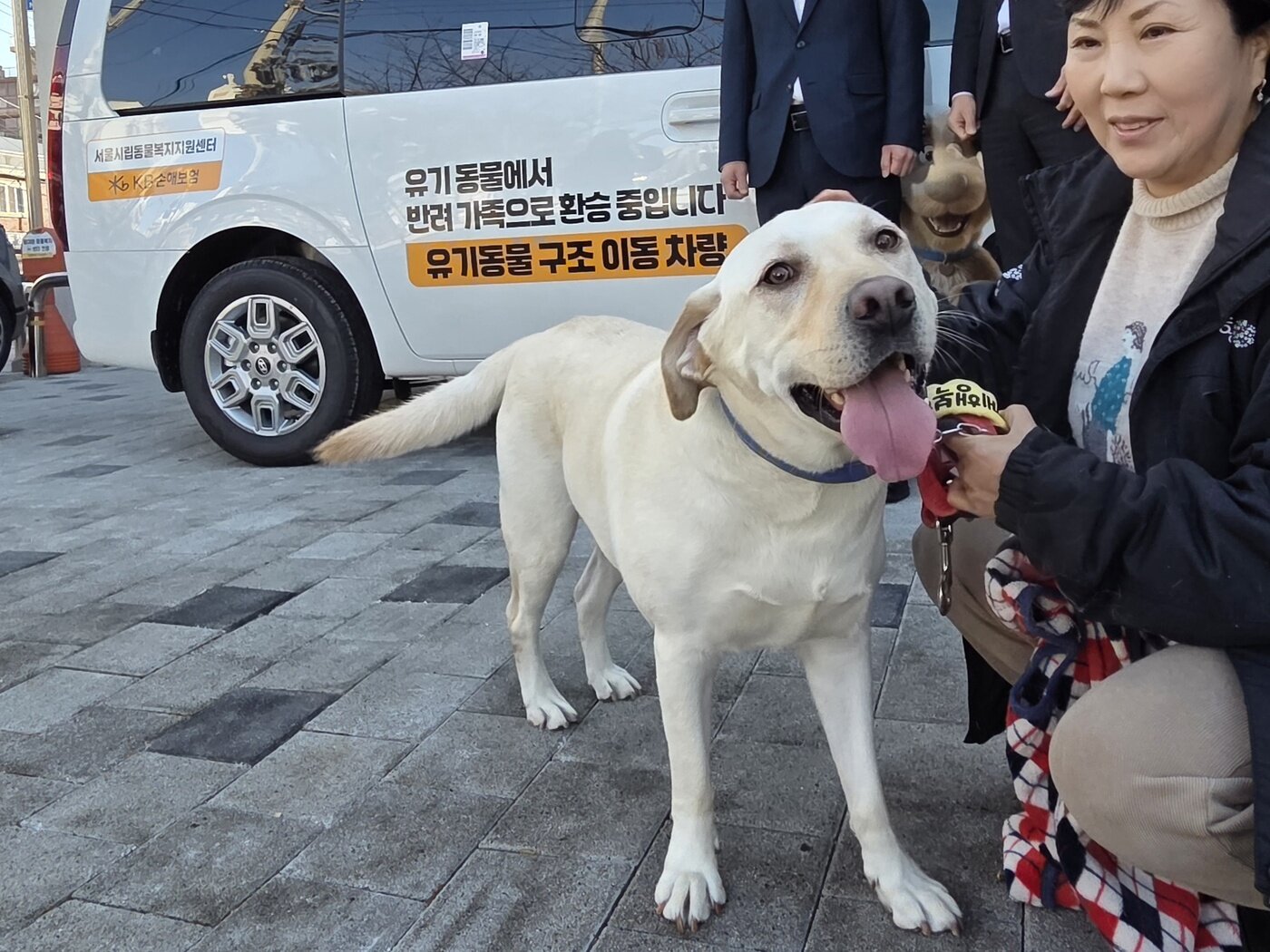 본문 이미지 - "차 타고 입양 갈래요"…동물과 함께 행복한 세상에서 보호 중인 '별이'가 유기동물 구조이송 차량 앞에서 기념 사진을 찍고 있다. ⓒ 뉴스1 한송아 기자