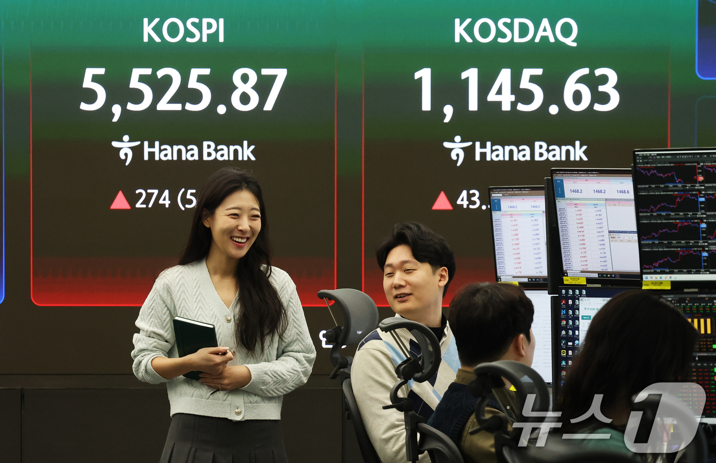 (서울=뉴스1) 오대일 기자 = 코스피가 급등하며 매수 사이드카가 발동한 10일 오전 서울 중구 하나은행 딜링룸 전광판에 코스피 시황이 표시되고 있다. 이날 코스피는 전 거래일 대 …