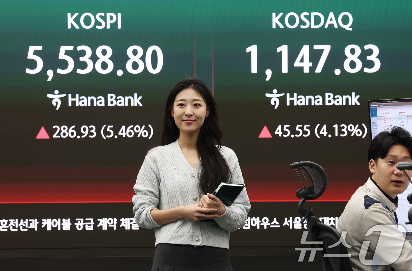 본문 이미지 - 코스피가 급등하며 매수 사이드카가 발동한 10일 오전 서울 중구 하나은행 딜링룸 전광판에 코스피 시황이 표시되고 있다.  2026.3.10 ⓒ 뉴스1 오대일 기자