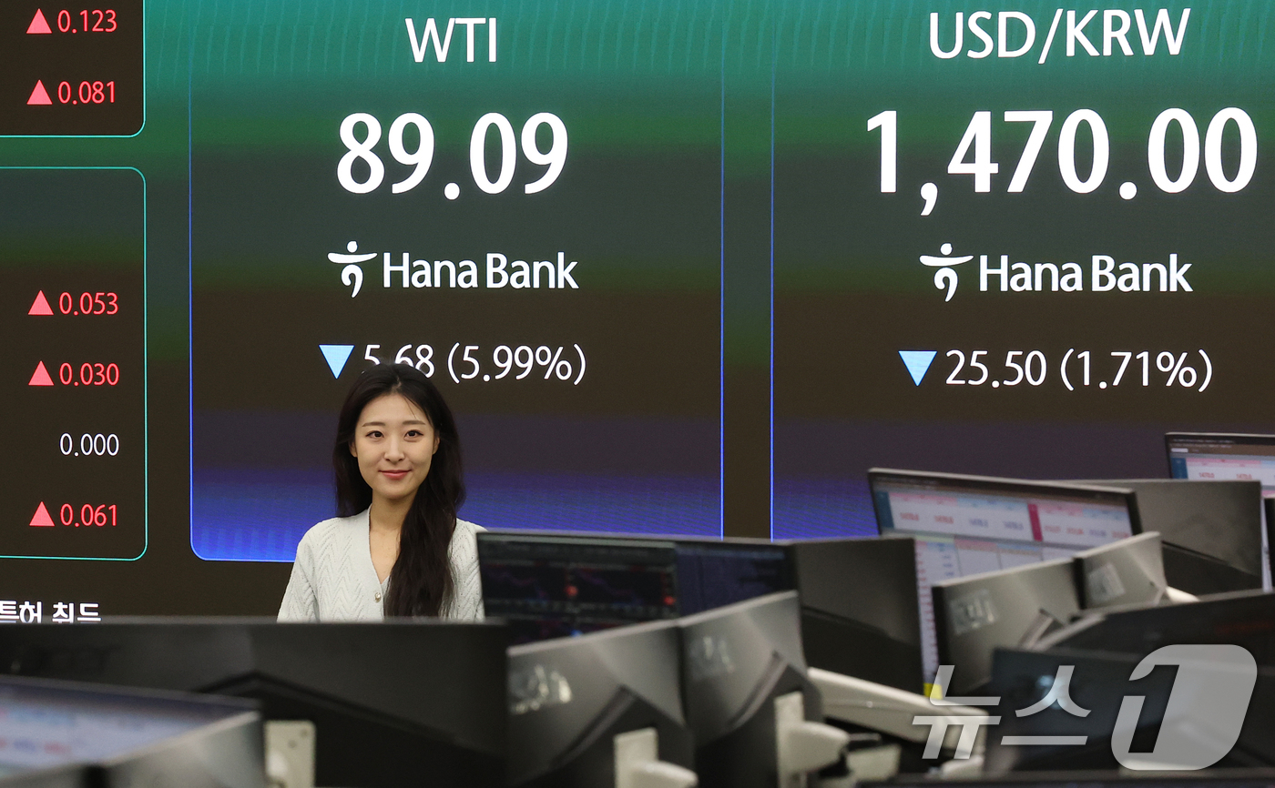 (서울=뉴스1) 오대일 기자 = 이란 종전 기대감에 국제유가가 급락한 10일 오전 서울 중구 하나은행 딜링룸 전광판에 서부텍사스산중질유(WTI) 선물 가격이 표시되고 있다. 202 …