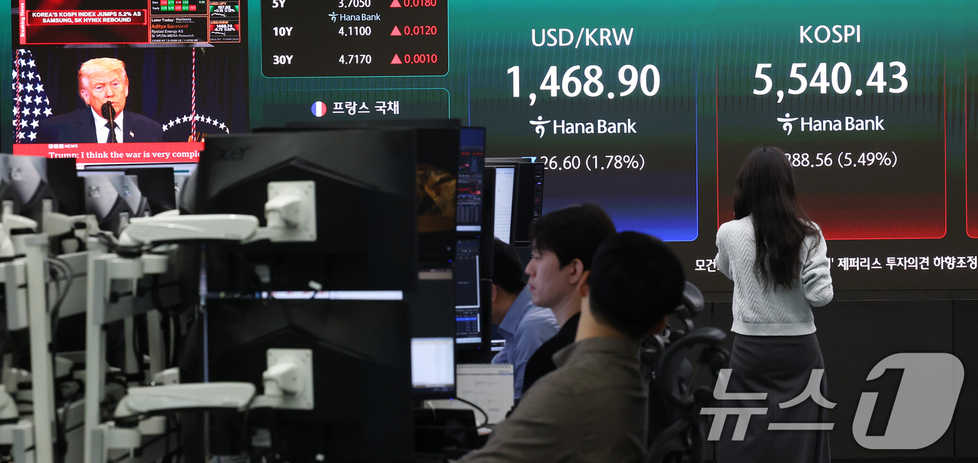 (서울=뉴스1) 오대일 기자 = 코스피가 급등하며 매수 사이드카가 발동한 10일 오전 서울 중구 하나은행 딜링룸 전광판에 코스피 시황이 표시되고 있다. 이날 코스피는 전 거래일 대 …