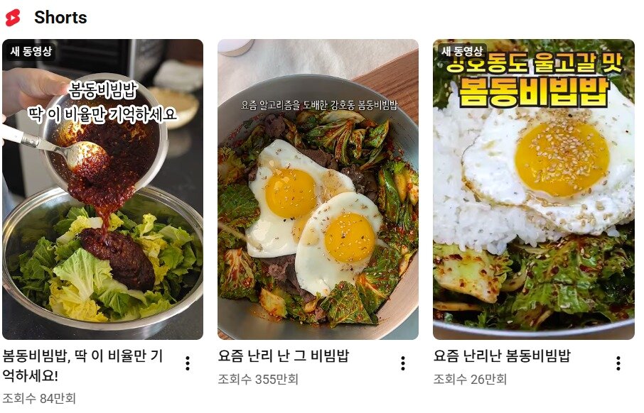 본문 이미지 - 봄동비빔밥 관련 유튜브 쇼츠 동영상(유튜브 갈무리)