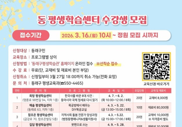 부산 동래구, 동별 평생학습센터 프로그램 운영