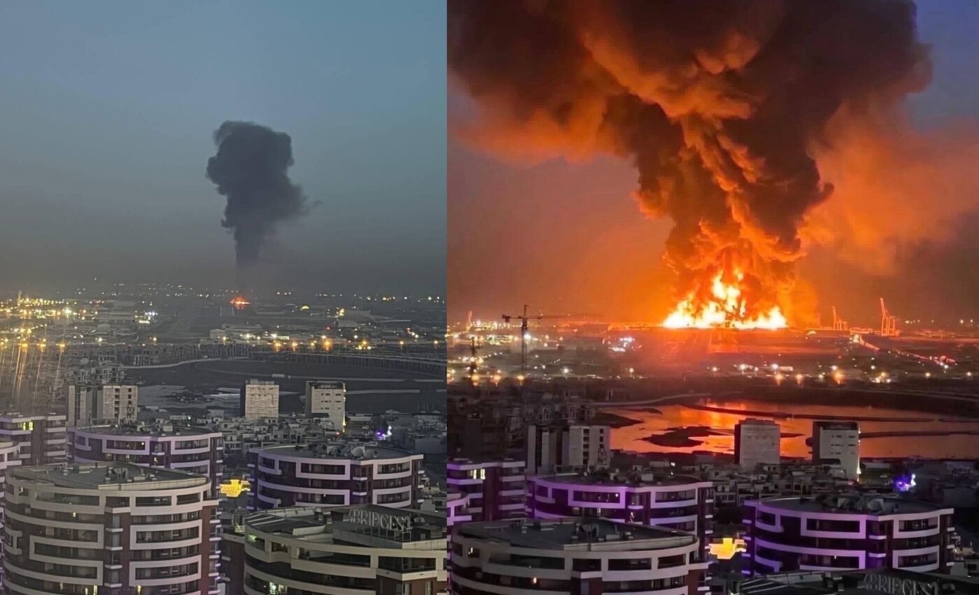 본문 이미지 - 지난 1일 이라크 에르빌 공항이 이란의 공격을 받은 뒤 같은 시기 소셜미디어에 유포된 똑같은 구도의 두 사진. AFP통신은 분석 결과 우측 이미지에 AI가 사용돼 불길과 연기를 과장되게 표현했다고 결론지었다. (출처=소셜미디어 엑스)