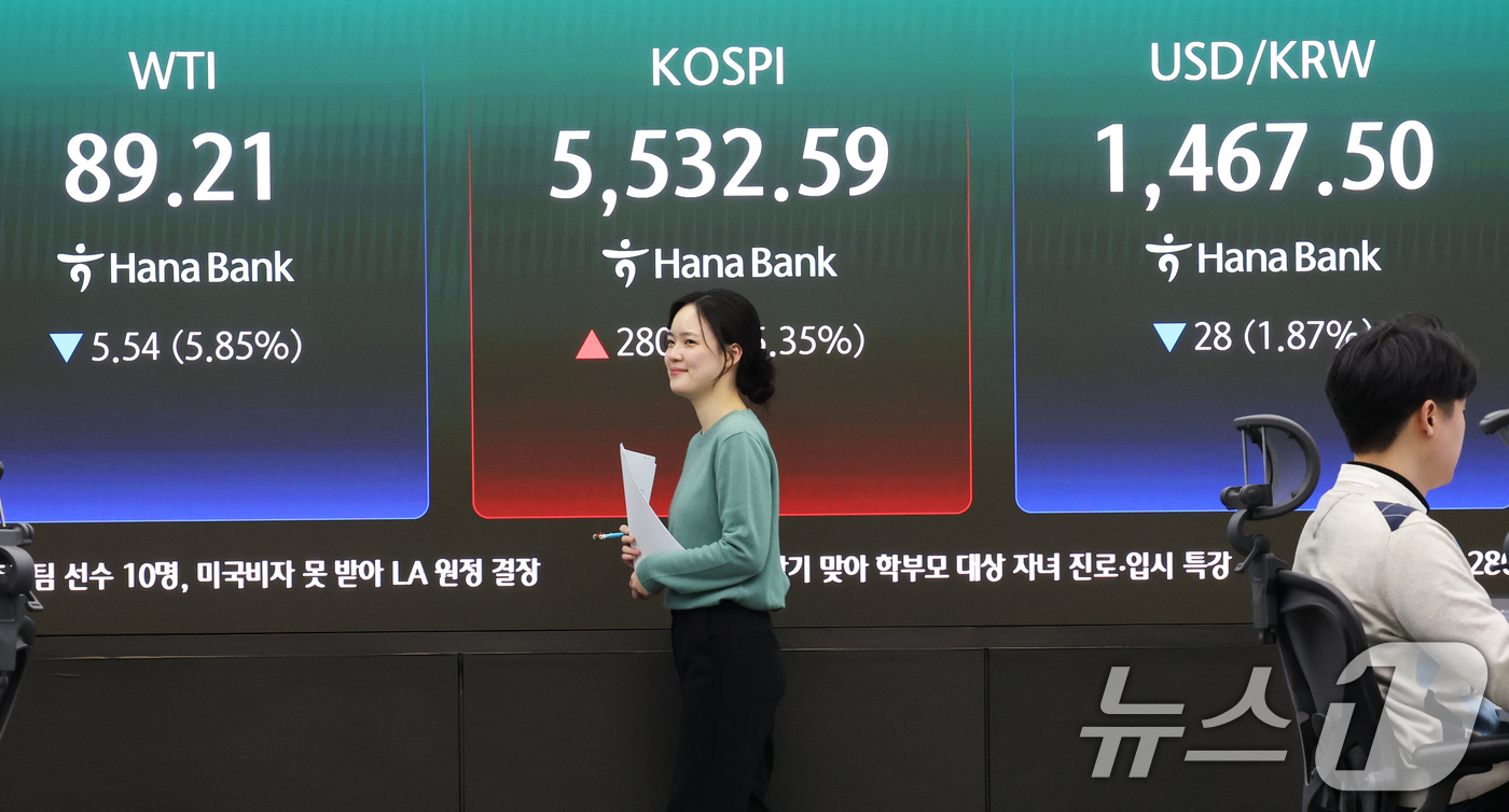 (서울=뉴스1) 오대일 기자 = 이란 종전 기대감에 코스피가 급등하고 국제유가가 급락한 10일 오후 서울 중구 하나은행 딜링룸 전광판에 코스피, 코스닥 종가와 서부텍사스산중질유(W …