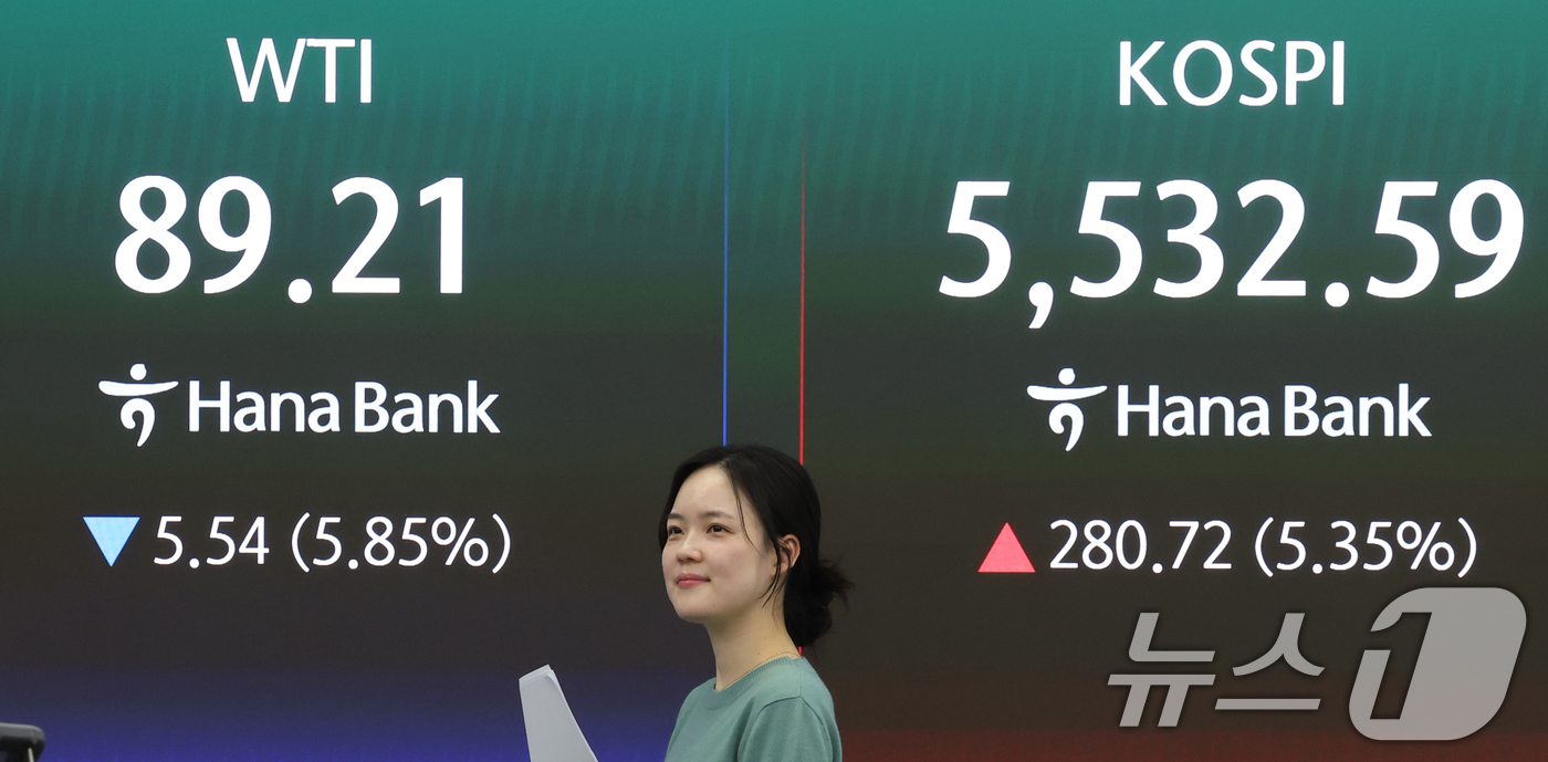 (서울=뉴스1) 오대일 기자 = 이란 종전 기대감에 코스피가 급등하고 국제유가가 급락한 10일 오후 서울 중구 하나은행 딜링룸 전광판에 코스피 종가와 서부텍사스산중질유(WTI) 선 …