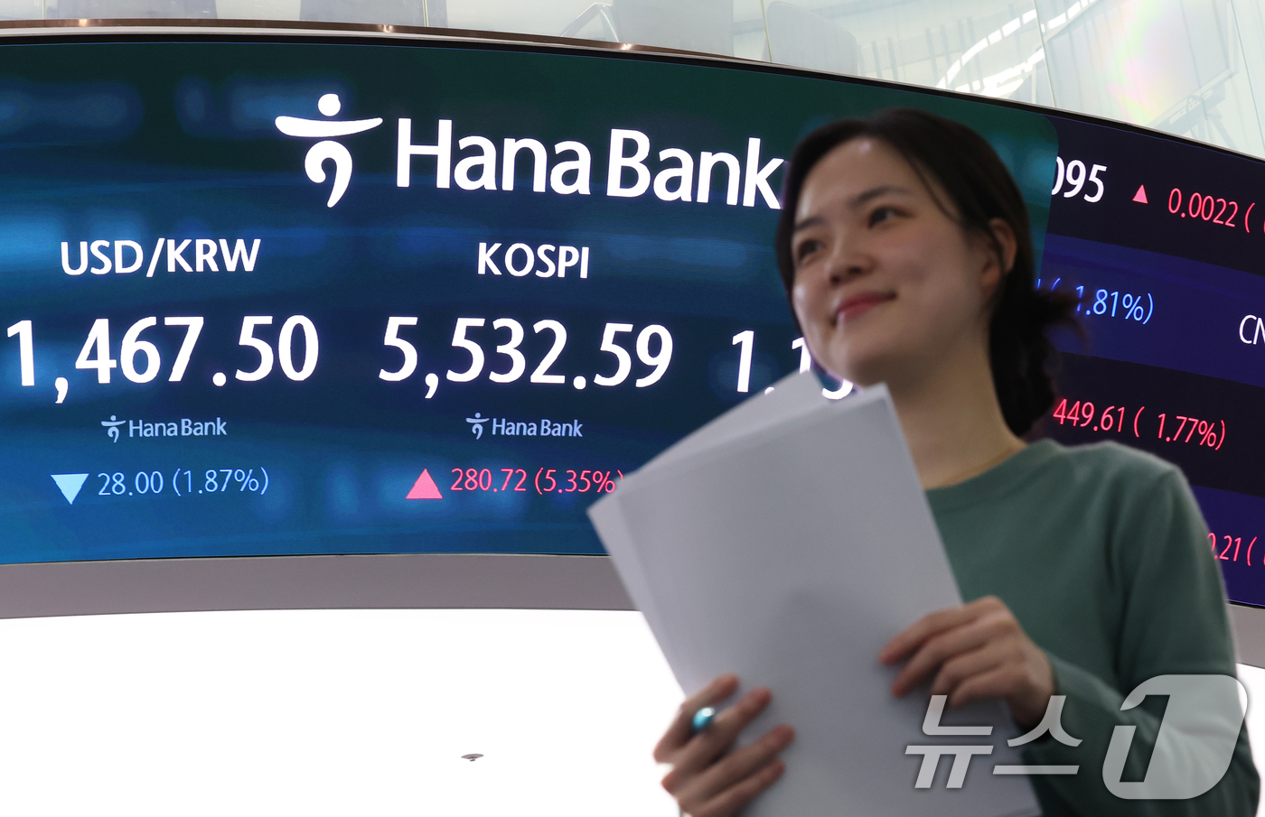 (서울=뉴스1) 오대일 기자 = 중동 종전 기대감으로 코스피가 상승 마감한 10일 오후 서울 중구 하나은행 딜링룸 전광판에 코스피 종가가 표시되고 있다.이날 코스피는 전 거래일 대 …