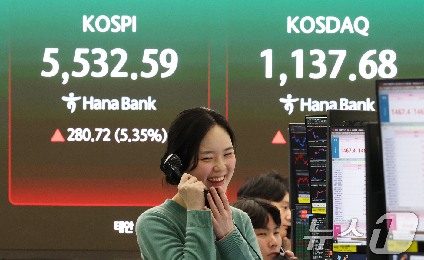 (서울=뉴스1) 오대일 기자 = 중동 종전 기대감으로 코스피가 상승 마감한 10일 오후 서울 중구 하나은행 딜링룸 전광판에 코스피 종가가 표시되고 있다.이날 코스피는 전 거래일 대 …