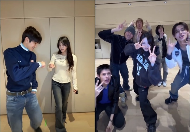 금메달리스트 김길리·최가온, 보이그룹 코르티스와 챌린지…청순 미모 [N샷]