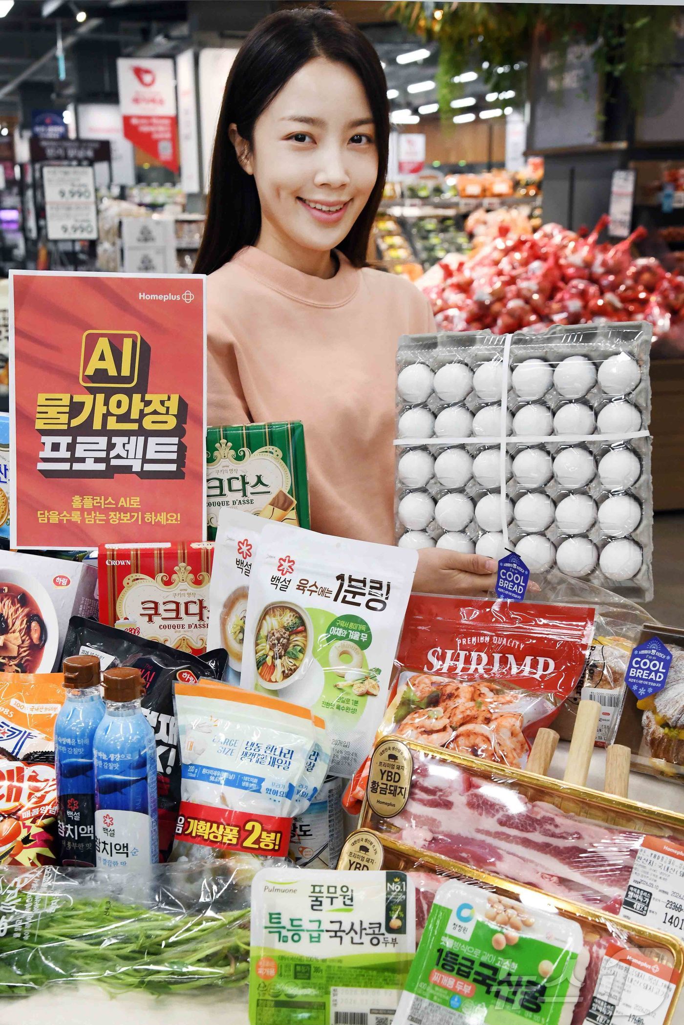 (서울=뉴스1) = 홈플러스는 오는 12일부터 18일까지 ‘AI 물가안정 프로젝트’를 진행한다고 11일 밝혔다. 사진은 모델이 홈플러스 메가 푸드 마켓 라이브 강서점에서 'AI 물 …