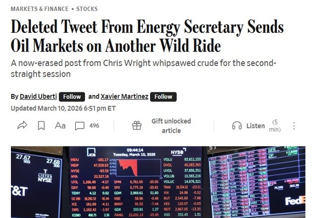 美장관의 경박한 트윗 하나로 원유 시장서 1200억 증발