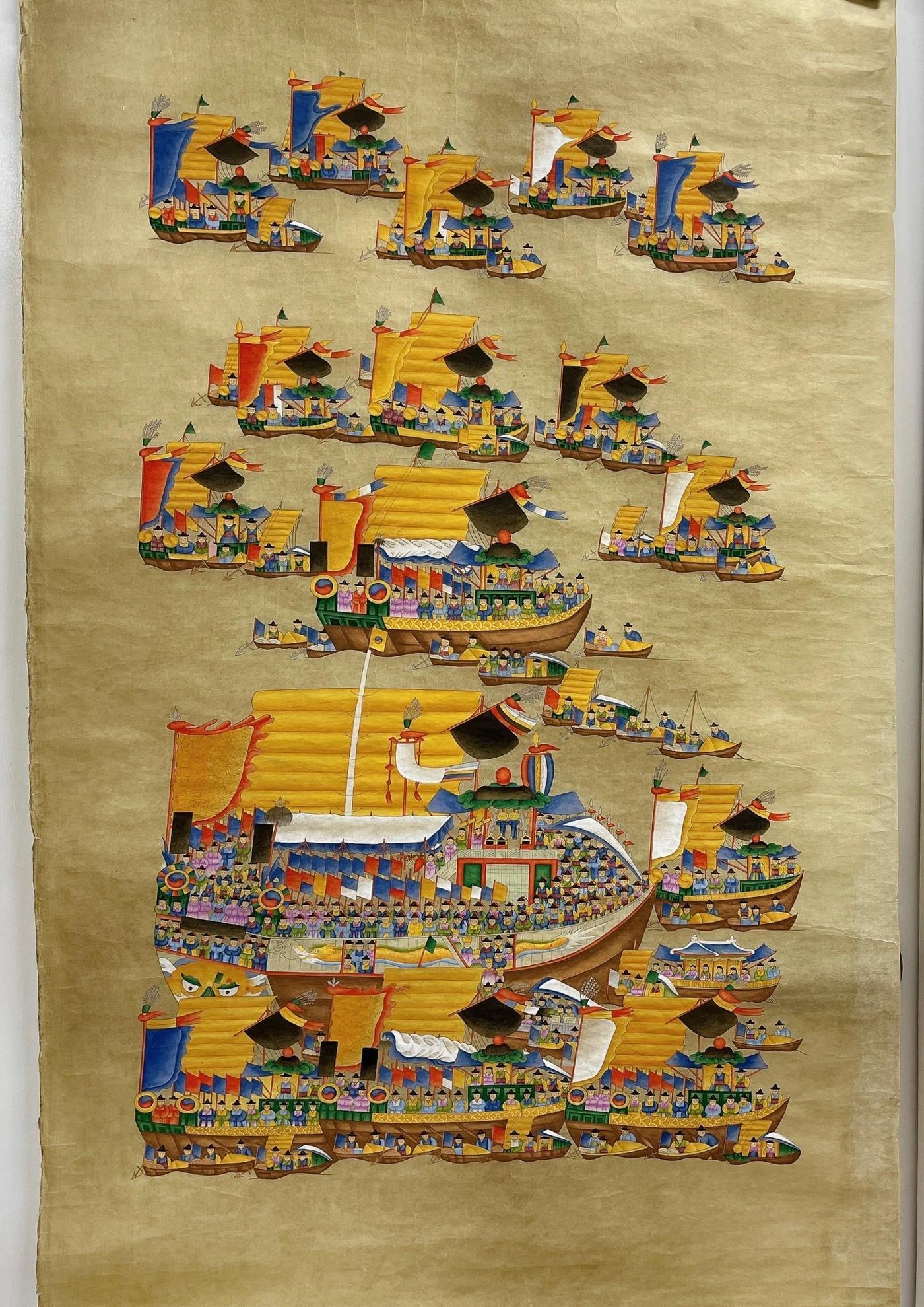 본문 이미지 - 청와대가 존 드라마니 마하마 가나 대통령에게 선물하는 '수군조련도 민화'. (청와대 제공)