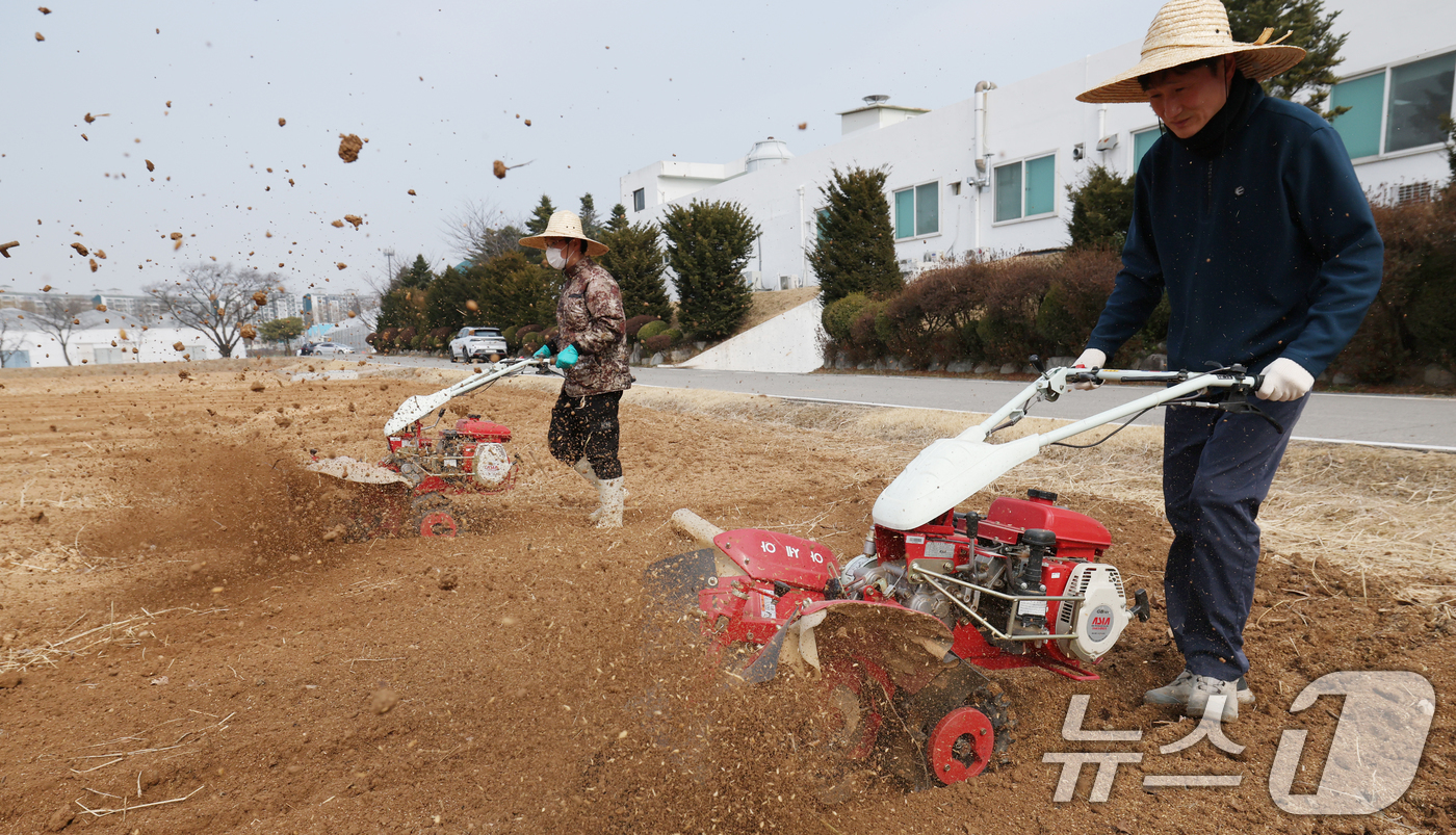 (화성=뉴스1) 김영운 기자 = 제11회 흙의 날인 11일 경기 화성시 경기도농업기술원에서 관계자가 본격적인 영농철을 앞두고 관리기를 이용해 밭을 갈고 있다.흙의 날은 매년 3월 …