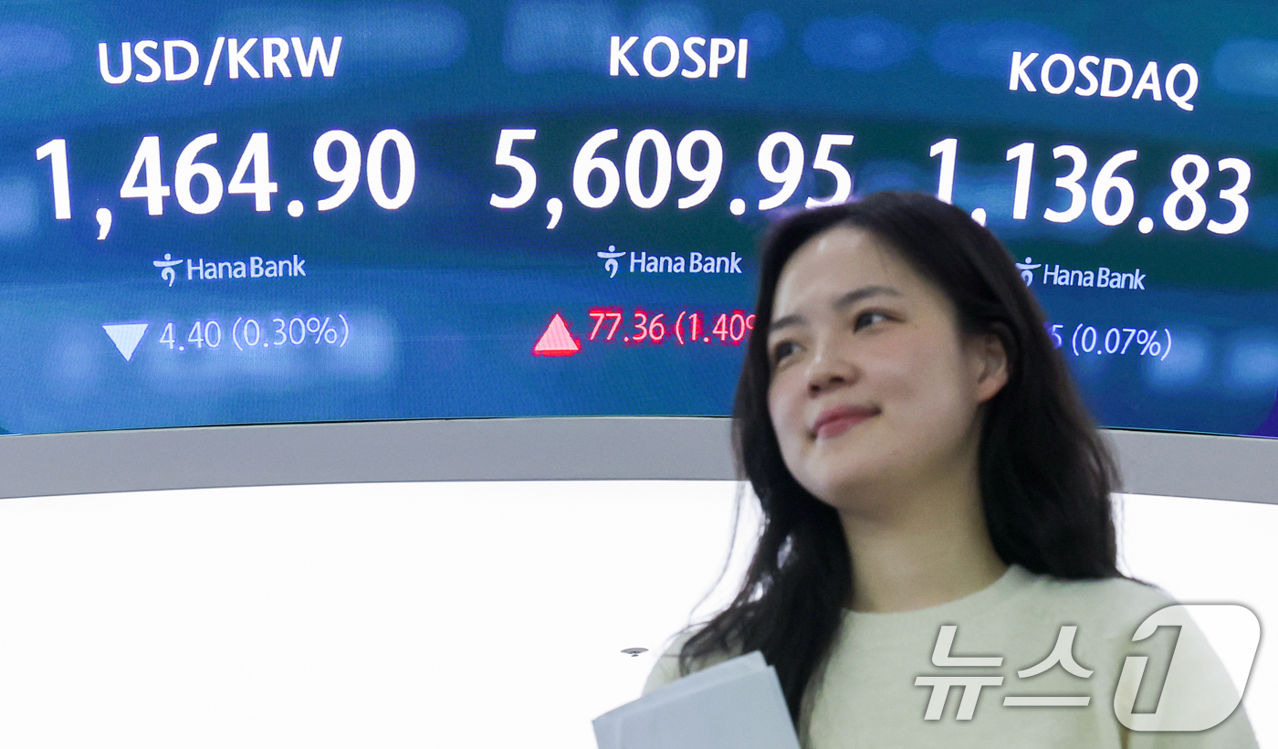 (서울=뉴스1) 안은나 기자 = 11일 오후 서울 중구 하나은행 본점 딜링룸 전광판에 종가가 나오고 있다.이날 코스피 지수는 전 거래일 대비 77.36포인트(1.40%) 오른 56 …