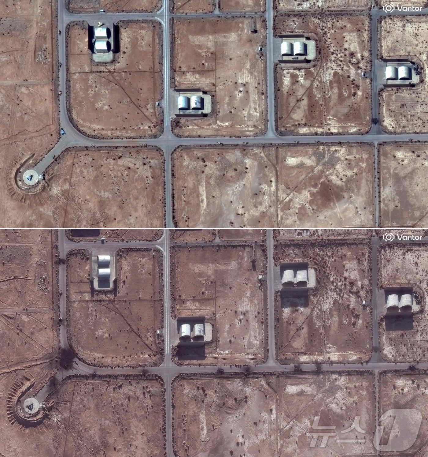 (AFP=뉴스1) 김경민 기자 = 이란 중부 이스파한의 제8전술전투기지에 있는 이란 전투기. 위쪽은 지난 2월 22일, 아래쪽은 공습 후 3월 9일 위성사진. 2026.3.10ⓒ …