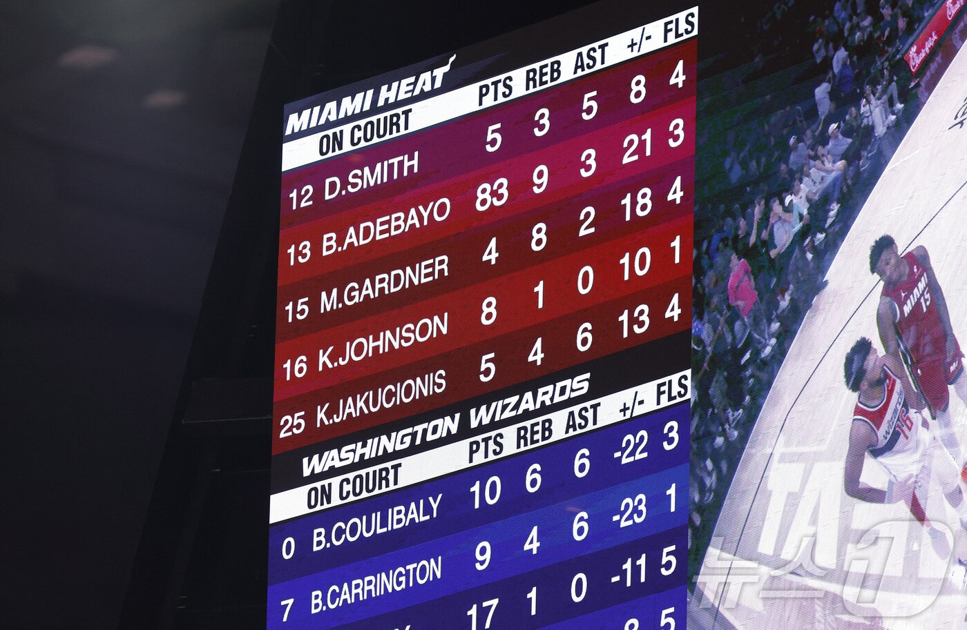 본문 이미지 - 마이애미 히트 센터 뱀 아데바요가 11일(한국시간) 열린 2025-26 NBA 워싱턴 위저즈전에서 83점을 기록했다. ⓒ 로이터=뉴스1