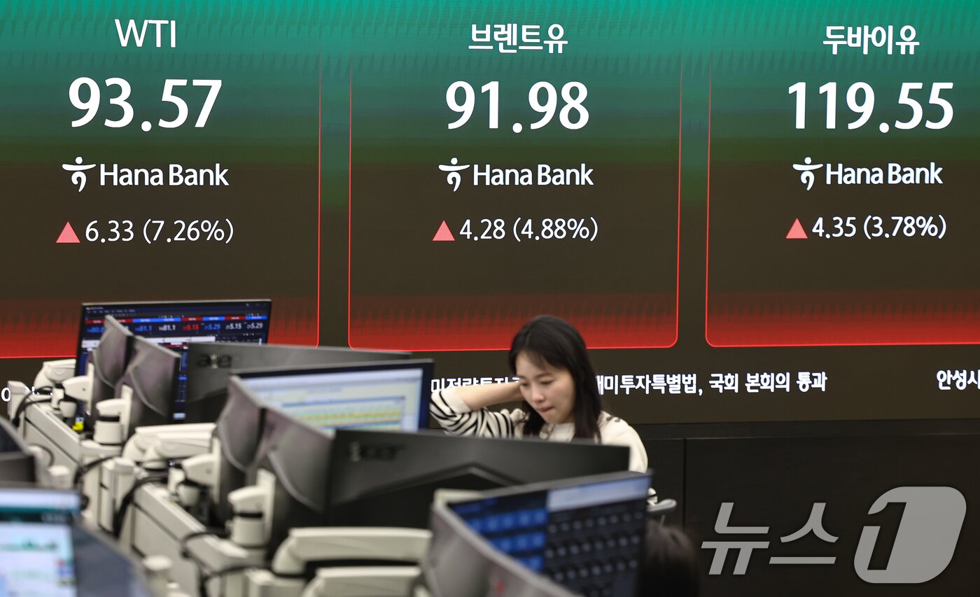 본문 이미지 - 국제유가가 급등한 12일 서울 중구 하나은행 본점 딜링룸 전광판에 서부텍사스산중질유(WTI), 브렌트유, 두바이유 선물 가격이 표시되고 있다. 2026.3.12 ⓒ 뉴스1 김도우 기자