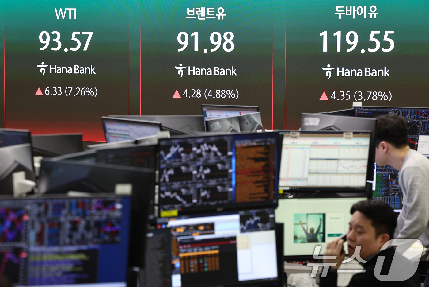 (서울=뉴스1) 김도우 기자 = 국제유가가 급등한 12일 서울 중구 하나은행 본점 딜링룸 전광판에 서부텍사스산중질유(WTI), 브렌트유, 두바이유 선물 가격이 표시되고 있다. 20 …