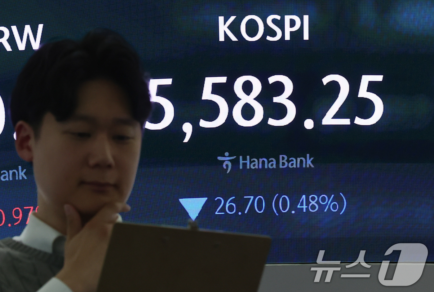 (서울=뉴스1) 김도우 기자 = 12일 서울 중구 하나은행 본점 딜링룸 전광판에 종가가 표시되고 있다.이날 코스피는 전 거래일 대비 26.70포인트(0.48%) 하락한 5,583. …