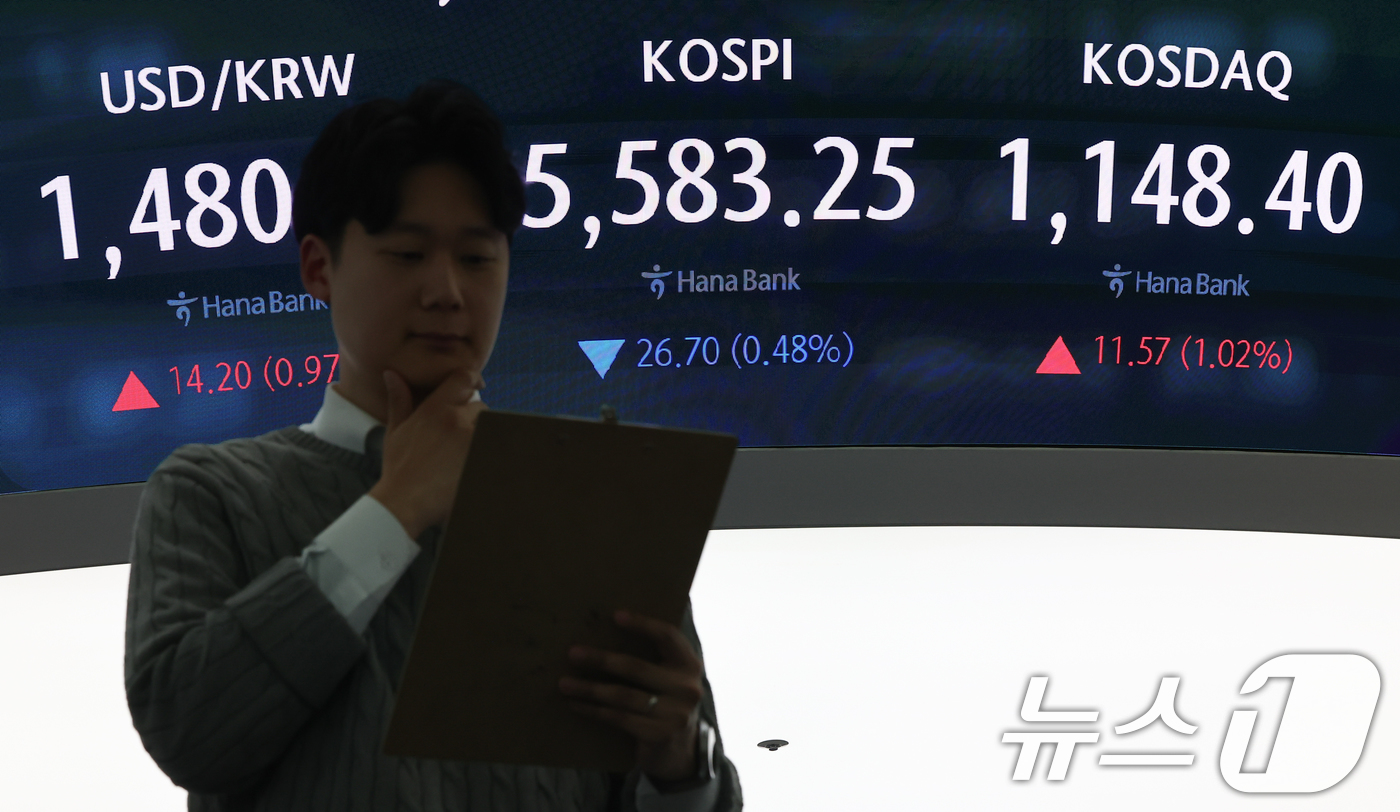 (서울=뉴스1) 김도우 기자 = 12일 서울 중구 하나은행 본점 딜링룸 전광판에 종가가 표시되고 있다.이날 코스피는 전 거래일 대비 26.70포인트(0.48%) 하락한 5,583. …