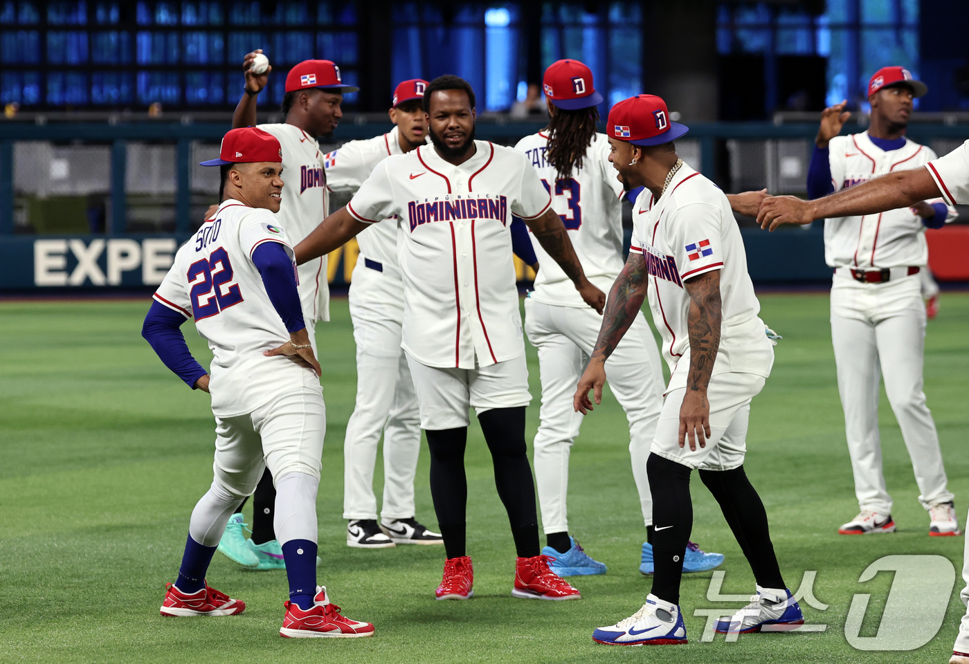 (마이애미=뉴스1) 구윤성 기자 = 12일 오후(현지시간) 미국 플로리다주 마이애미 론디포파크에서 후안 소토, 블라디미르 게레로 주니어 등 도미니카공화국 선수들이 2026 월드베이 …