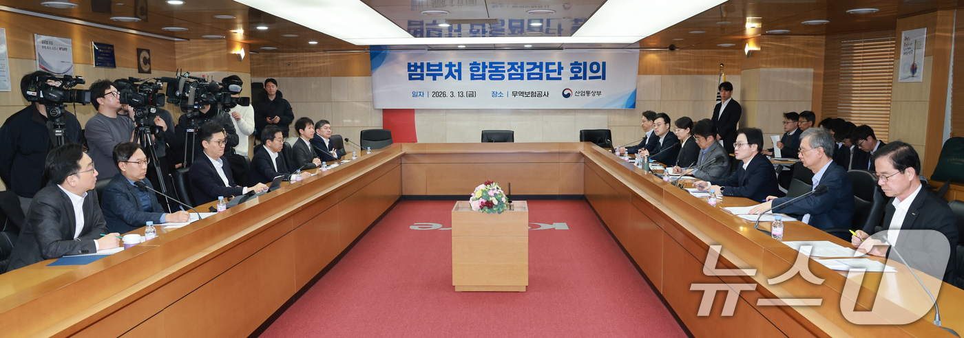 (서울=뉴스1) 안은나 기자 = 김정관 산업통상부 장관이 13일 오전 서울 중구 무역보험공사에서 열린 최고가격제 관련 범부처 합동점검단 회의에 참석해 모두 발언을 하고 있다.정부는 …