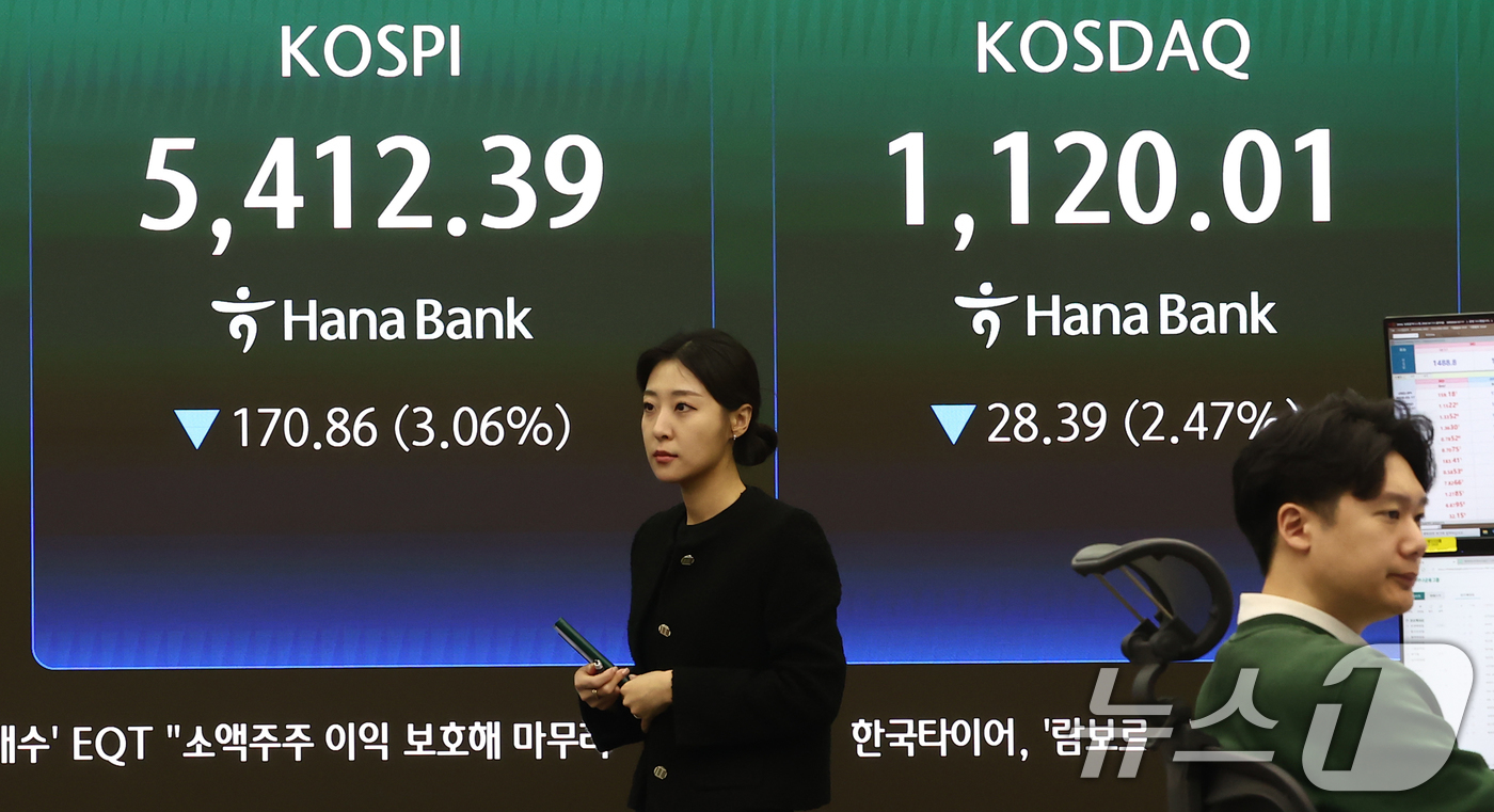 (서울=뉴스1) 김민지 기자 = 코스피가 유가 급등에 3% 하락 개장한 13일 오전 서울 중구 하나은행 본점 딜링룸 전광판에 코스피가 표시되고 있다.이날 코스피는 전 거래일(558 …
