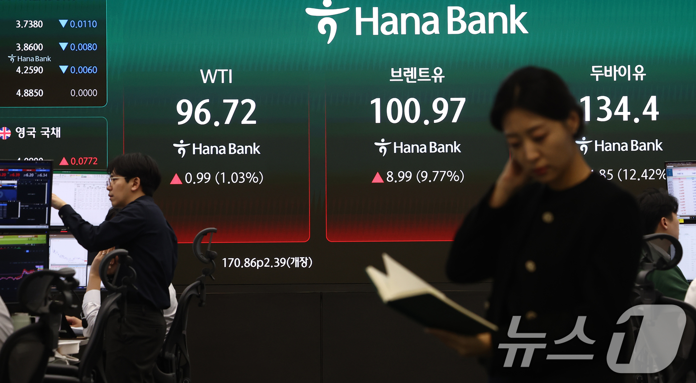 (서울=뉴스1) 김민지 기자 = 코스피가 유가 급등에 3% 하락 개장한 13일 오전 서울 중구 하나은행 본점 딜링룸 전광판에 WTI, 브렌트유, 두바이유 등 국제 유가 지수가 표시 …
