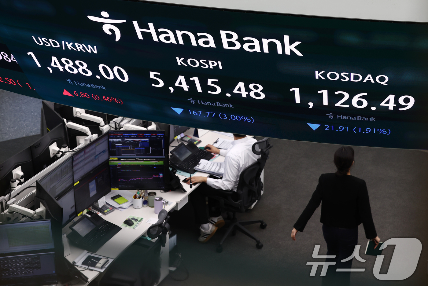 (서울=뉴스1) 김민지 기자 = 코스피가 유가 급등에 3% 하락 개장한 13일 오전 서울 중구 하나은행 본점 딜링룸 전광판에 코스피가 표시되고 있다.이날 코스피는 전 거래일(558 …