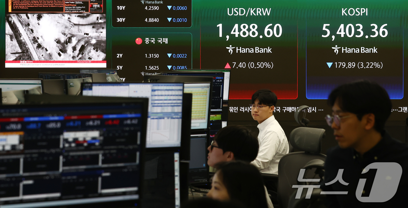 (서울=뉴스1) 김민지 기자 = 코스피가 유가 급등에 3% 하락 개장한 13일 오전 서울 중구 하나은행 본점 딜링룸에서 딜러들이 업무를 보고 있다.이날 코스피는 전 거래일(5583 …