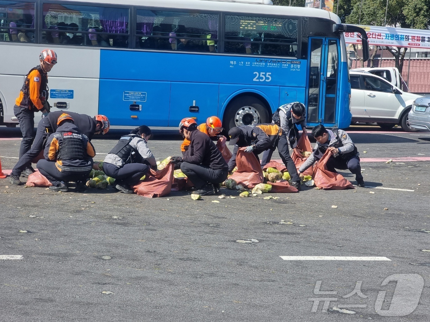 (제주=뉴스1) 홍수영 기자 = 13일 오후 2시10분쯤 제주시 노형오거리를 운행하던 25톤 트럭에서 월동무가 쏟아지는 사고가 발생, 현장에 출동한 경찰과 소방대원들이 현장을 수습 …