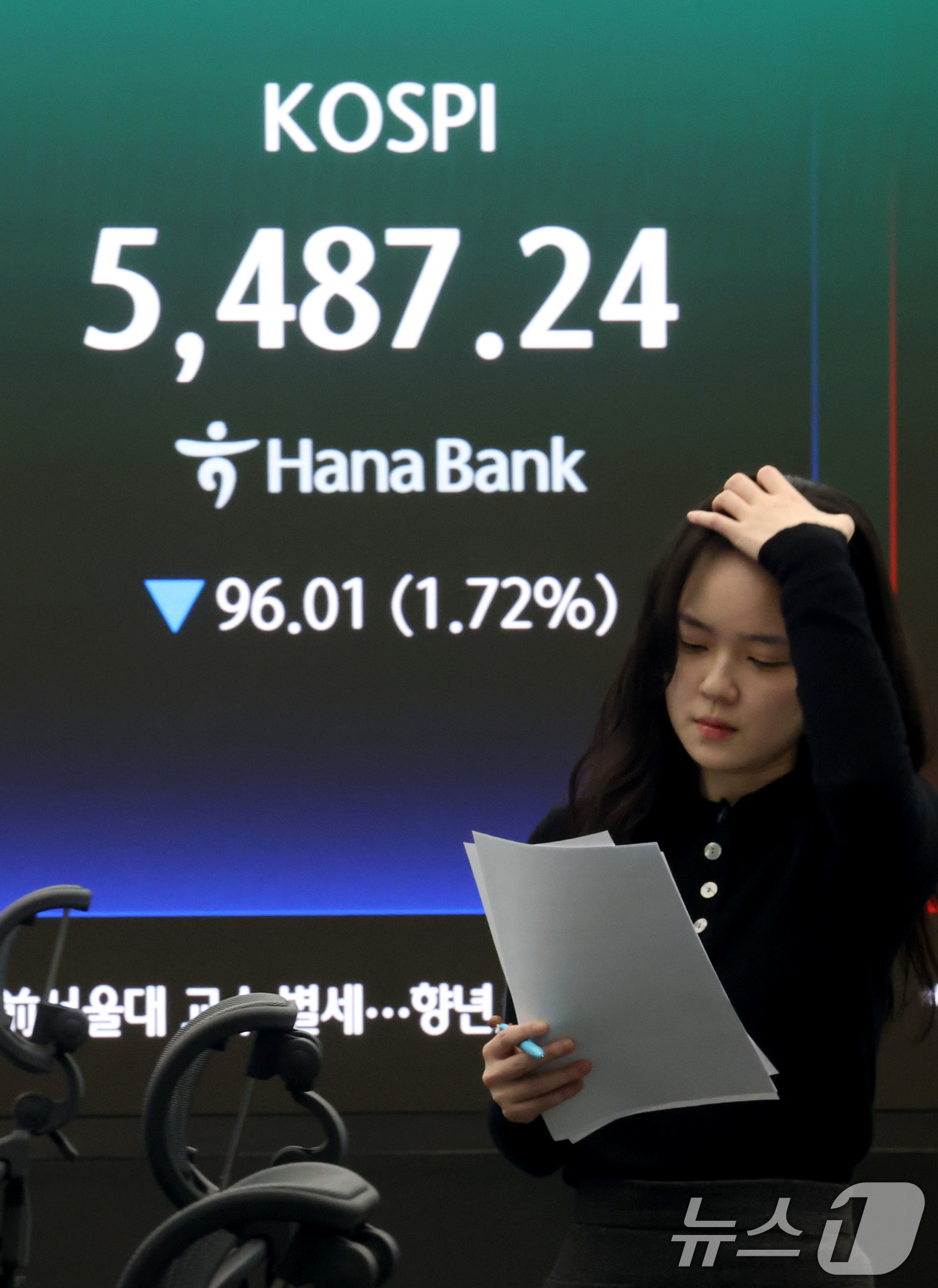 (서울=뉴스1) 이광호 기자 = 코스피 지수가 하락 마감한 13일 오후 서울 중구 하나은행 딜링룸 현황판에 전장대비 96.01포인트(1.72%) 하락한 5,487.24을 나타내고 …