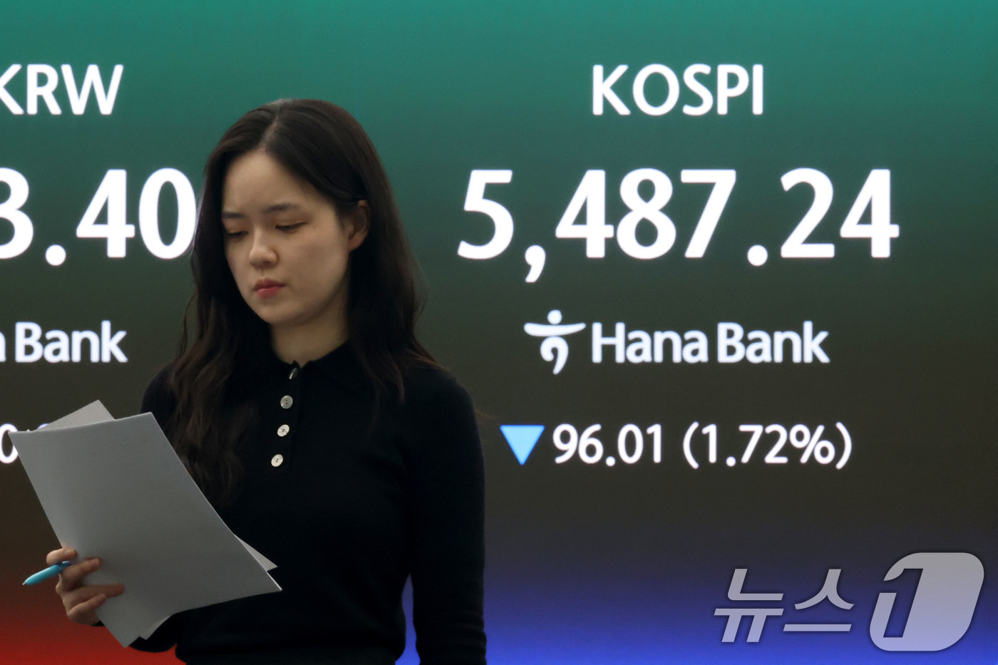 (서울=뉴스1) 이광호 기자 = 코스피 지수가 하락 마감한 13일 오후 서울 중구 하나은행 딜링룸 현황판에 전장대비 96.01포인트(1.72%) 하락한 5,487.24을 나타내고 …