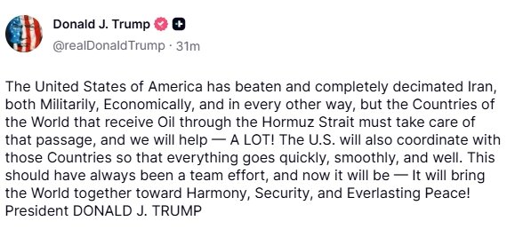 본문 이미지 - 트럼프 트루스소셜 캡처. 2026.03.14