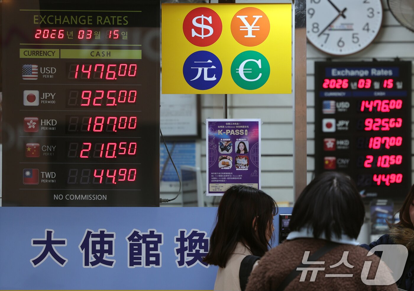 본문 이미지 - 중동 상황 악화로 원·달러 환율이 오름세를 보이고 있는 15일 서울 중구 명동의 한 환전소 앞 전광판에 환율이 표시되고 있다. 2026.3.15 ⓒ 뉴스1 황기선 기자