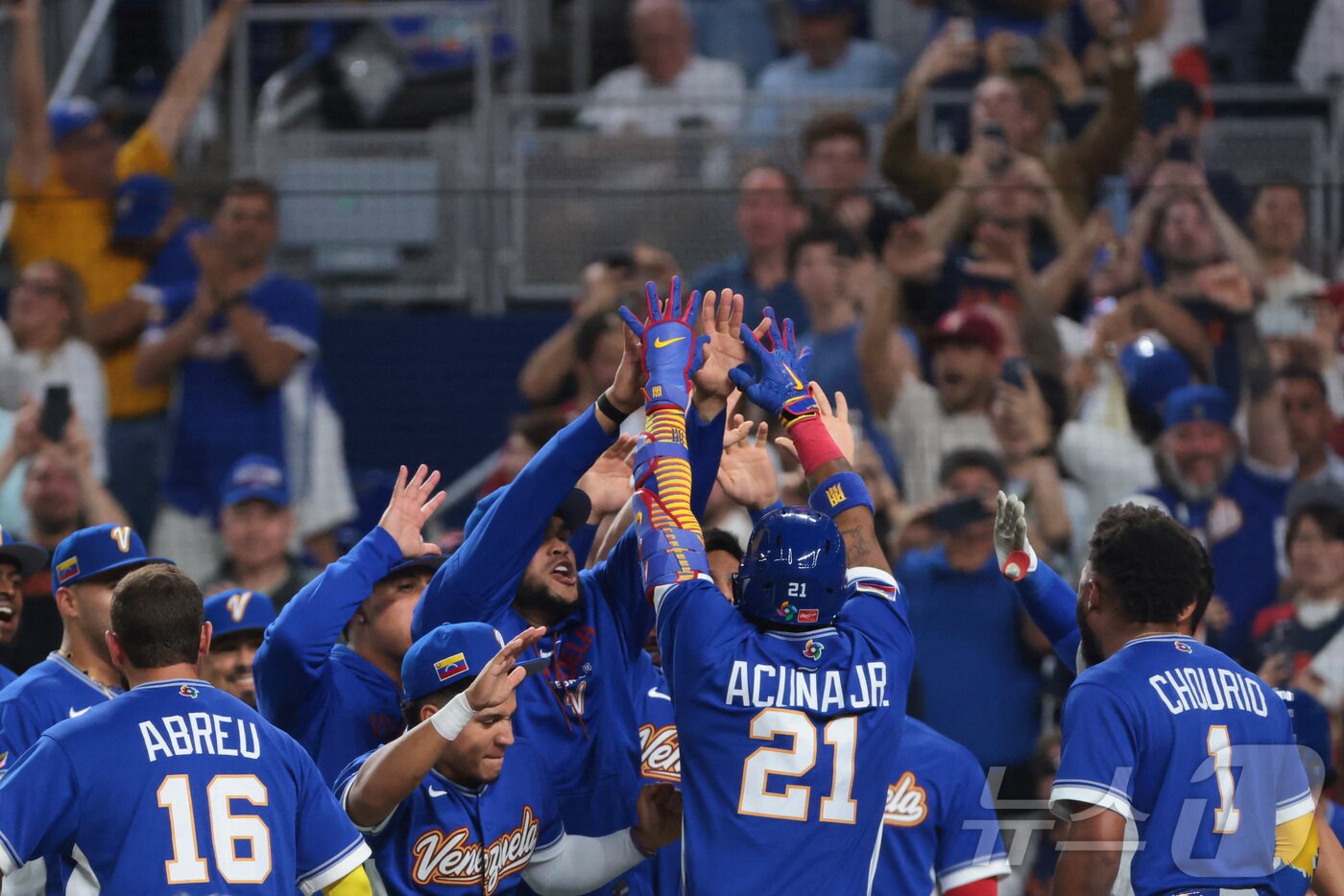 본문 이미지 - 베네수엘라는 15일(한국시간) 열린 2026 WBC 8강전에서 일본을 8-5로 꺾고 4강에 올랐다. ⓒ 로이터=뉴스1