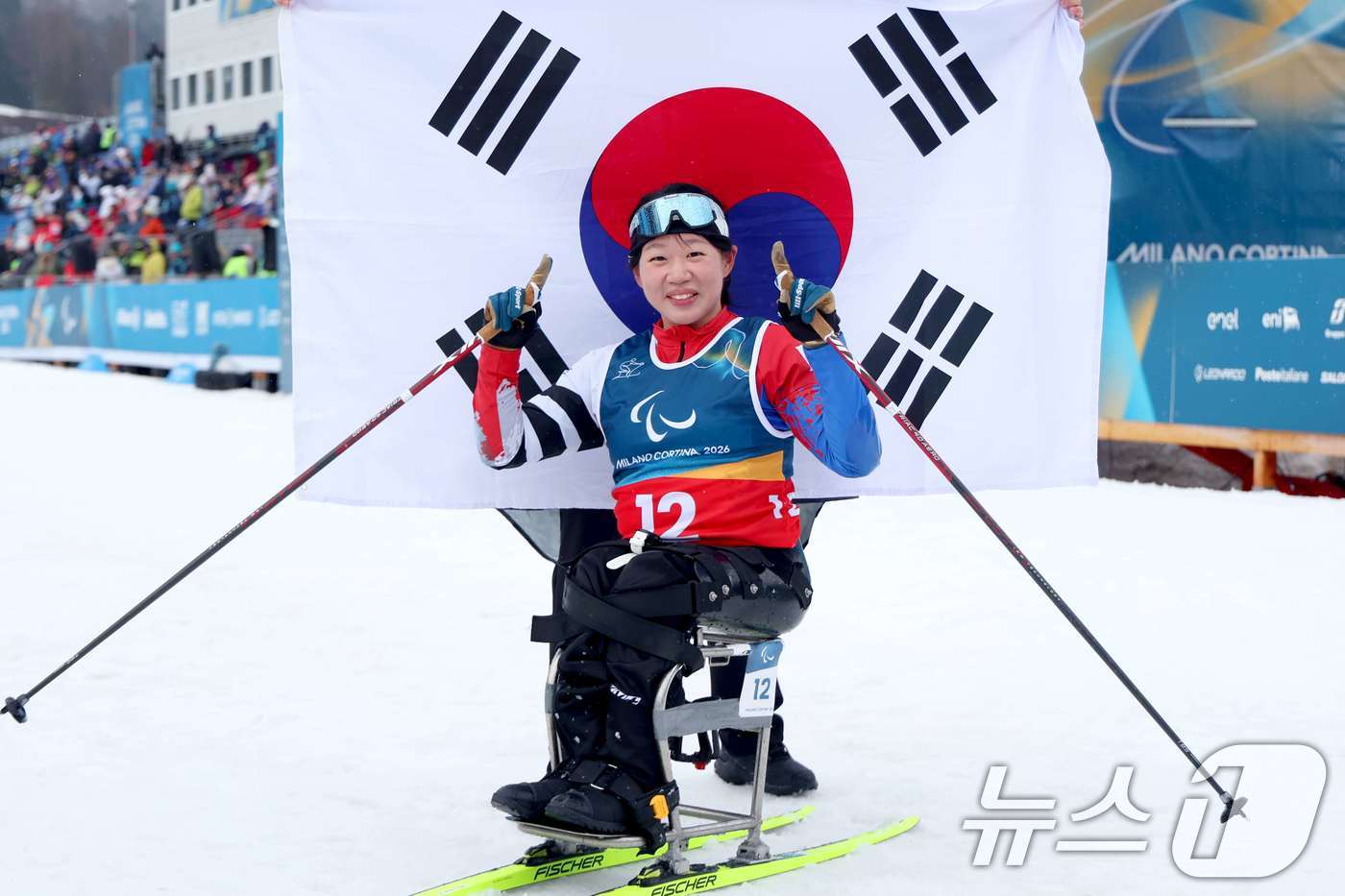 (서울=뉴스1) = 김윤지가 15일(현지시간) 이탈리아 테세로 크로스컨트리 스타디움에서 열린 2026 밀라노·코르티나담페초 동계 패럴림픽 크로스컨트리 스키 여자 20㎞ 인터벌 스타 …