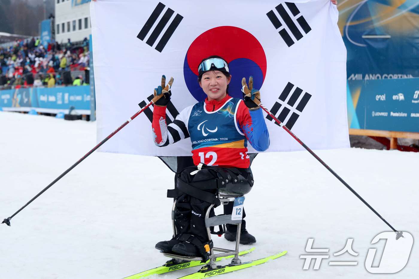 (서울=뉴스1) = 김윤지가 15일(현지시간) 이탈리아 테세로 크로스컨트리 스타디움에서 열린 2026 밀라노·코르티나담페초 동계 패럴림픽 크로스컨트리 스키 여자 20㎞ 인터벌 스타 …