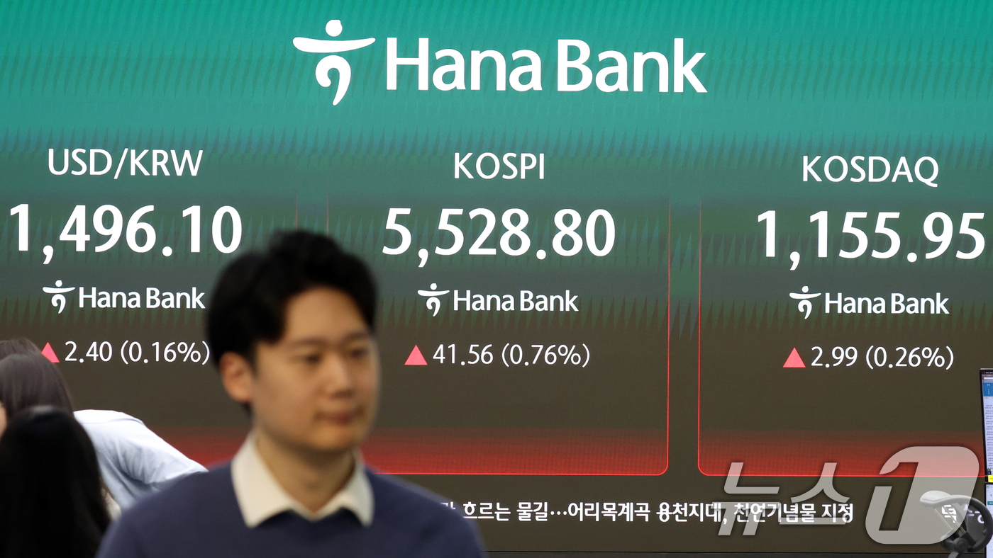 (서울=뉴스1) 김명섭 기자 = 16일 오전 서울 중구 하나은행 딜링룸 전광판에 증시 시황이 표시되고 있다. 이날 코스피는 전 거래일 대비 0.76% 오른 5,528.80으로, 코 …