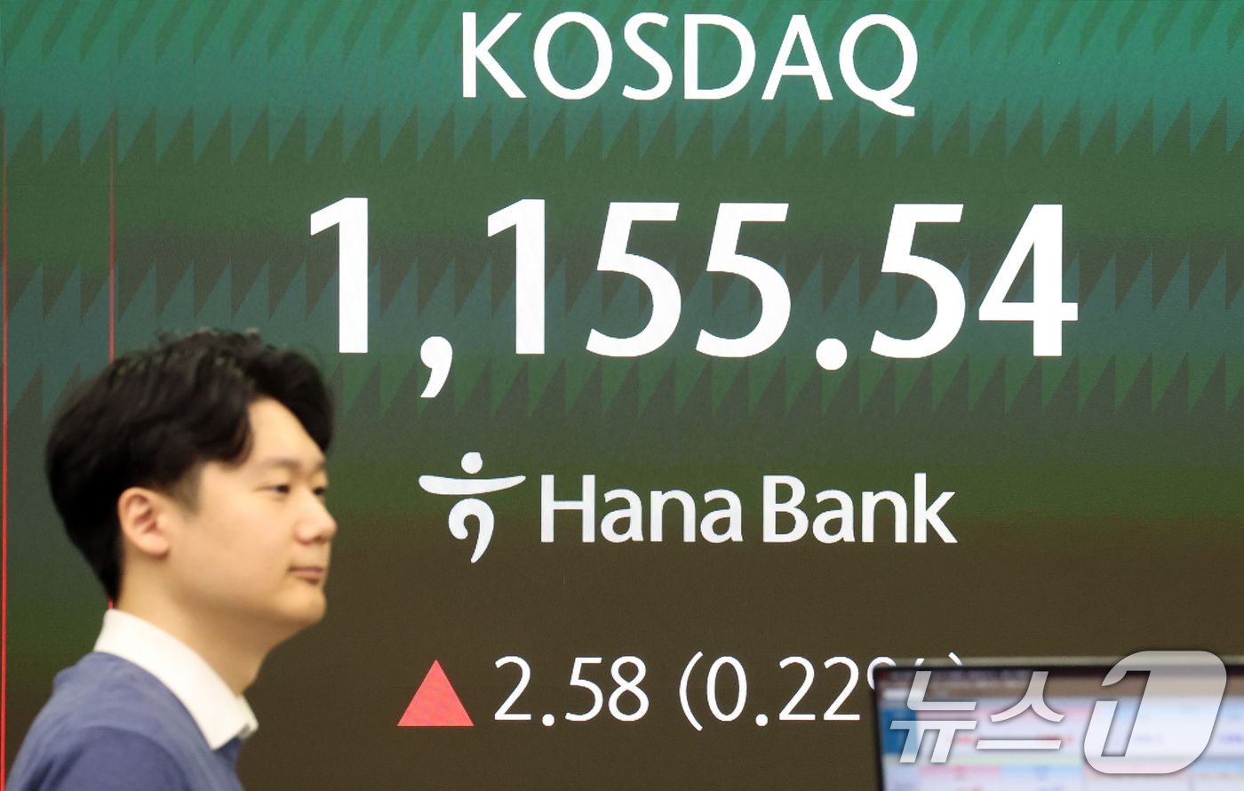 (서울=뉴스1) 김명섭 기자 = 16일 오전 서울 중구 하나은행 딜링룸 전광판에 증시 시황이 표시되고 있다. 이날 코스닥 지수는 0.22% 오른 1,155.54로 개장하고 있다. …