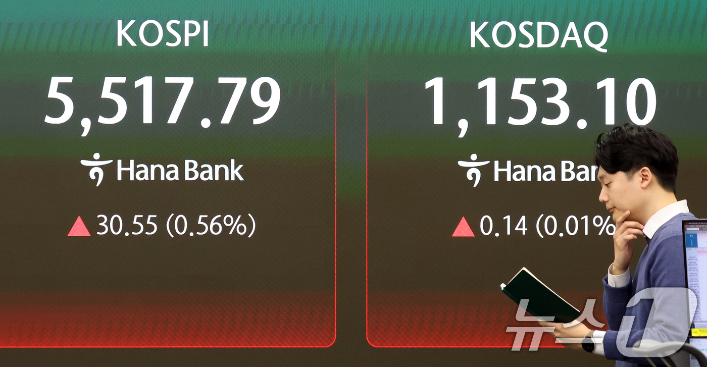 (서울=뉴스1) 김명섭 기자 = 16일 오전 서울 중구 하나은행 딜링룸 전광판에 증시 시황이 표시되고 있다. 이날 코스피는 전 거래일 대비 0.56% 오른 5,517.79로, 코스 …
